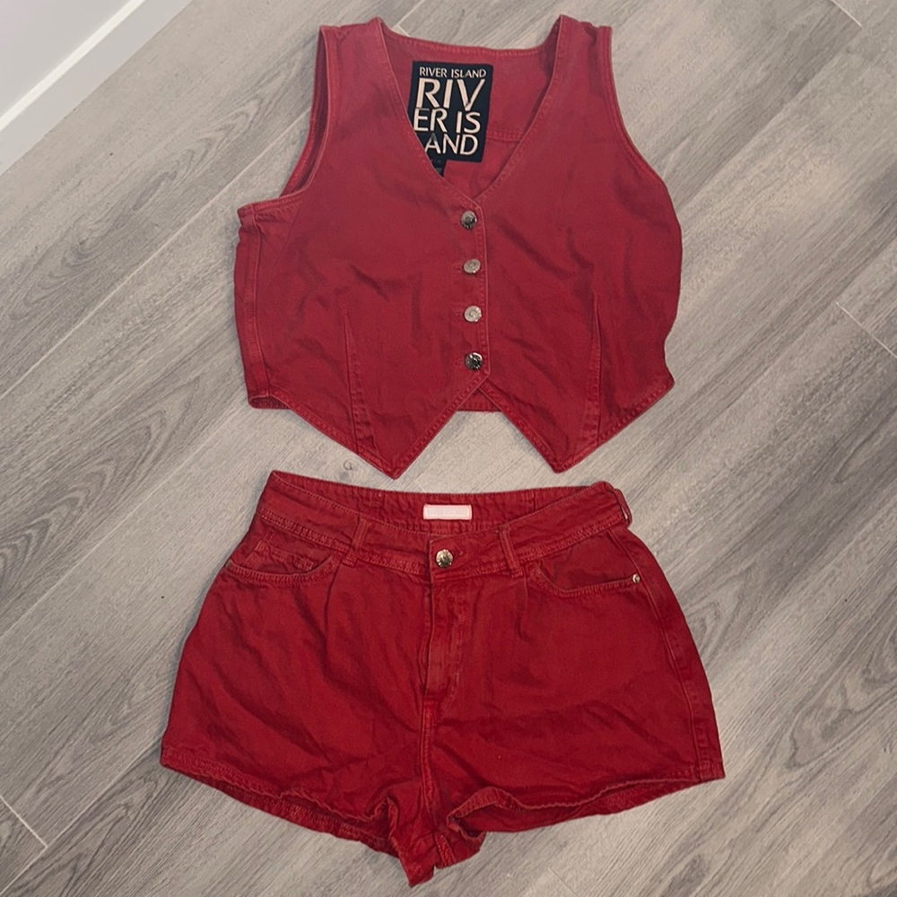River Island Matching Red Denim Vest Short Set